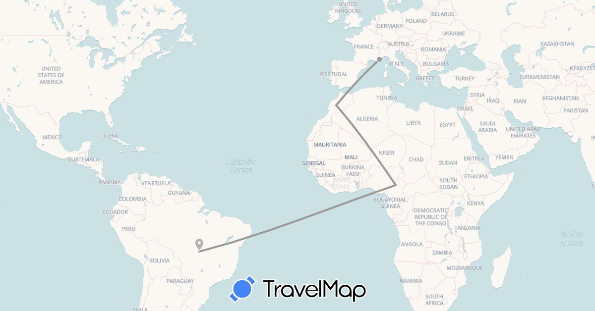 TravelMap itinerary: driving, plane in Brazil, France (Europe, South America)